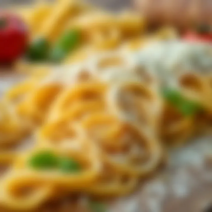A close-up view of fresh pasta laid out on a wooden surface