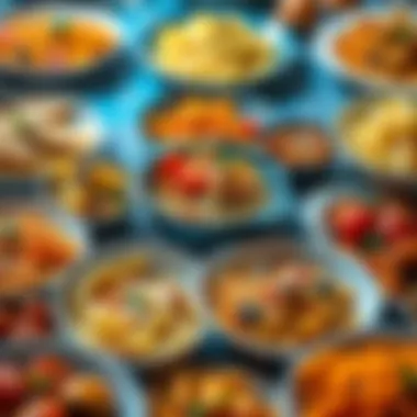 A vibrant display of different pasta dishes artfully arranged