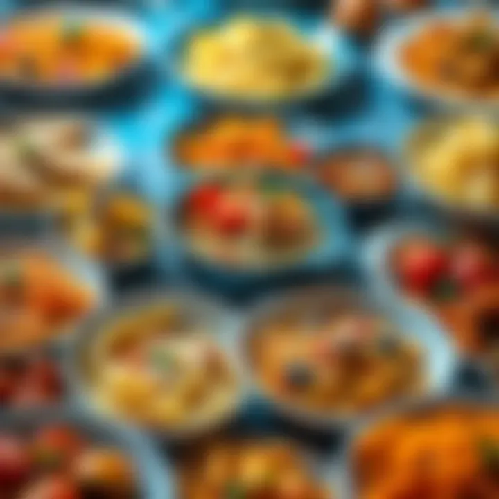 A vibrant display of different pasta dishes artfully arranged