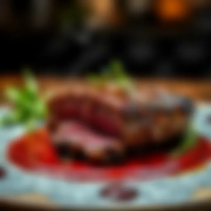 A gourmet dish presented with ribeye steak garnished with herbs.