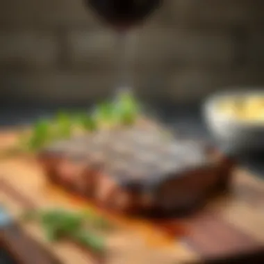 A perfectly grilled ribeye steak resting on a wooden cutting board.