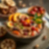 A traditional bowl of Aşure decorated with nuts and fruits.