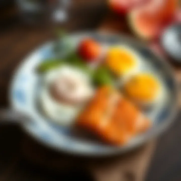 Eggs and Salmon: B12 Powerhouses Close-up of a fresh plate with eggs and salmon, both high in B12.