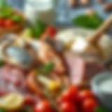 A vibrant assortment of B12-rich foods including seafood, meat, and dairy.