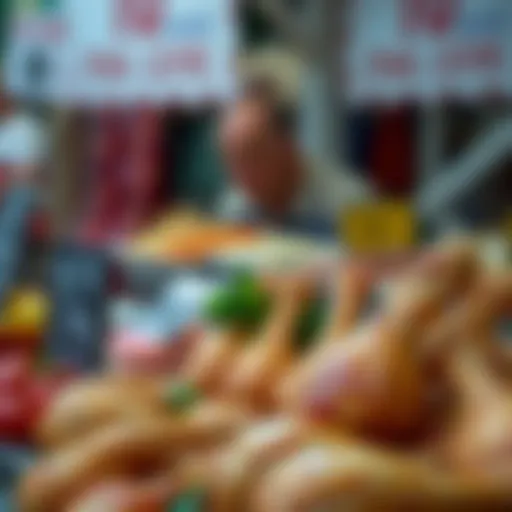 Fresh chicken drumsticks displayed on a market stall