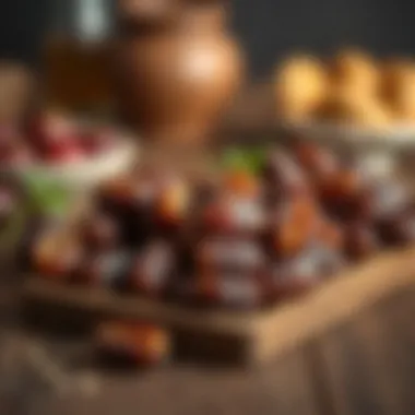 Aesthetic Presentation of Baghdad Dates A vibrant display of Baghdad dates on a wooden table