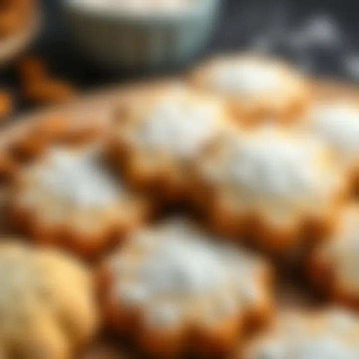 A close-up of freshly baked almond flour cookies decorated with a sprinkle of powdered sugar