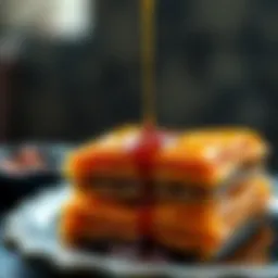 Golden layers of baklava with syrup drizzled on top
