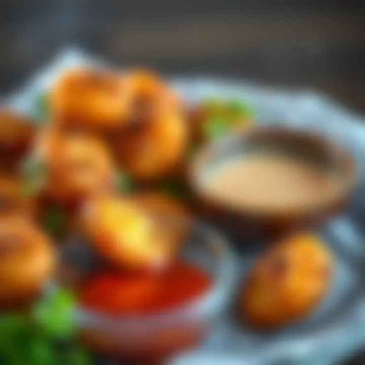 Close-up of crispy balloon potatoes with dipping sauce