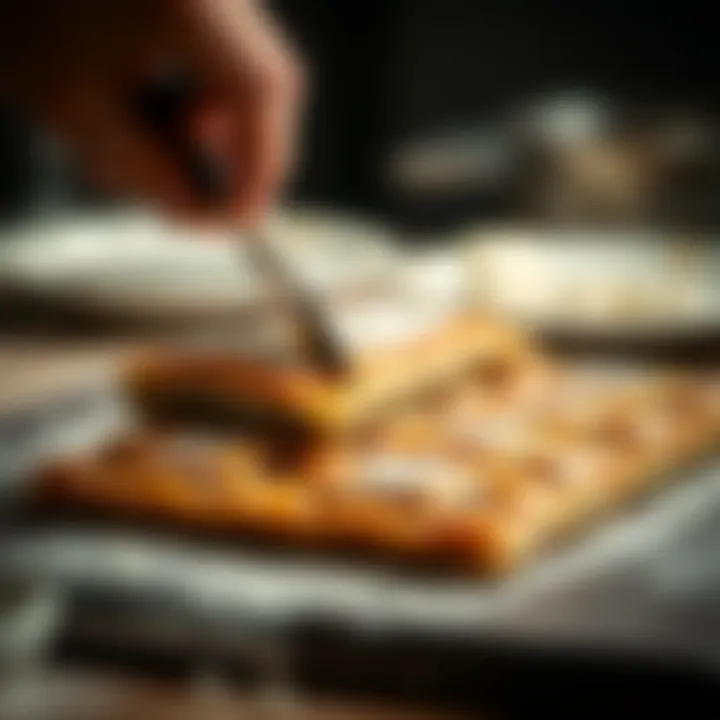 Bardakla Cutting Technique in Action A close-up view of the bardakla cutting technique applied to baklava.