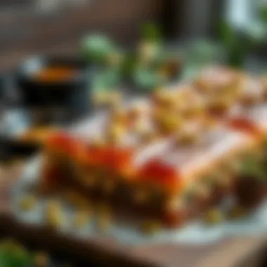 Garnished Baklava with Pistachios An elegant display of traditional baklava garnished with pistachios and honey syrup.