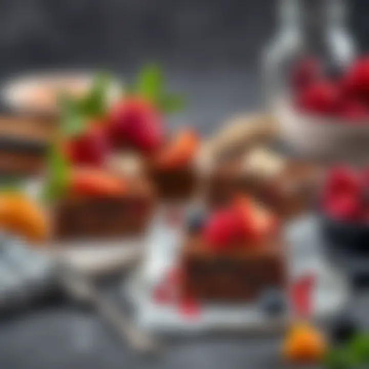 An elegant setting showcasing brownies served with fresh fruits