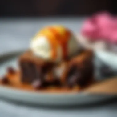 A close-up of molten chocolate brownie with a scoop of vanilla ice cream