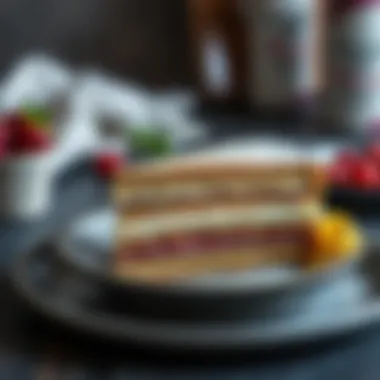 A plated slice of cake showcasing layers and filling