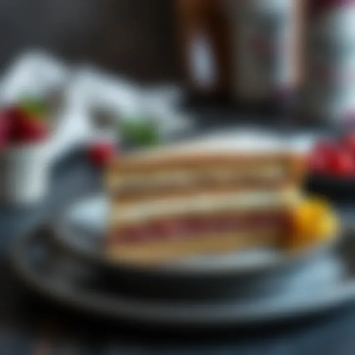 A plated slice of cake showcasing layers and filling