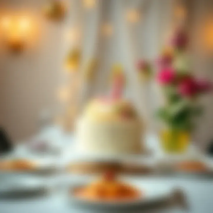 An elegant table setting featuring a birthday cake centerpiece