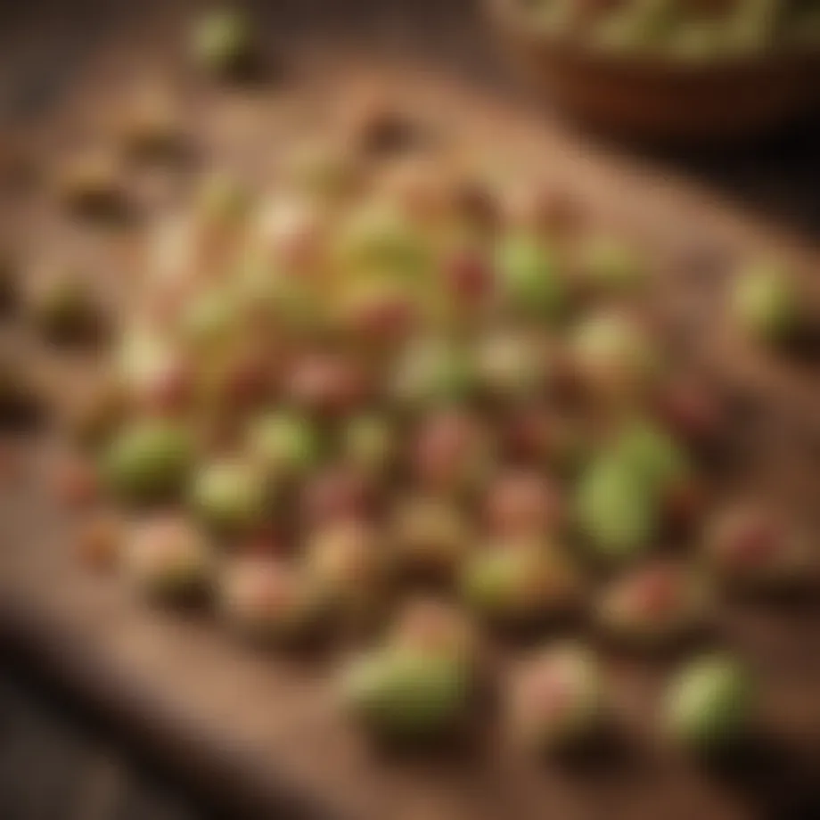 A close-up of cam pistachios on a wooden surface, showcasing their vibrant color and texture.