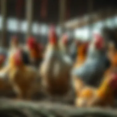 Farm Setting with Live Chickens A farm setting displaying various types of live chickens