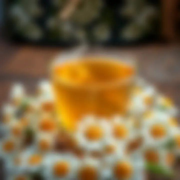 Chamomile Tea with Fresh Flowers A steaming cup of chamomile tea surrounded by fresh chamomile flowers