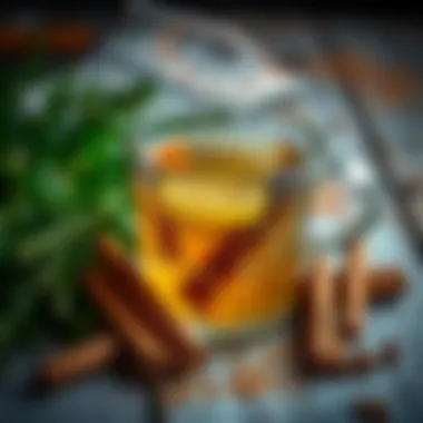 Cinnamon Water Recipe A cup of cinnamon water surrounded by fresh cinnamon sticks and herbs