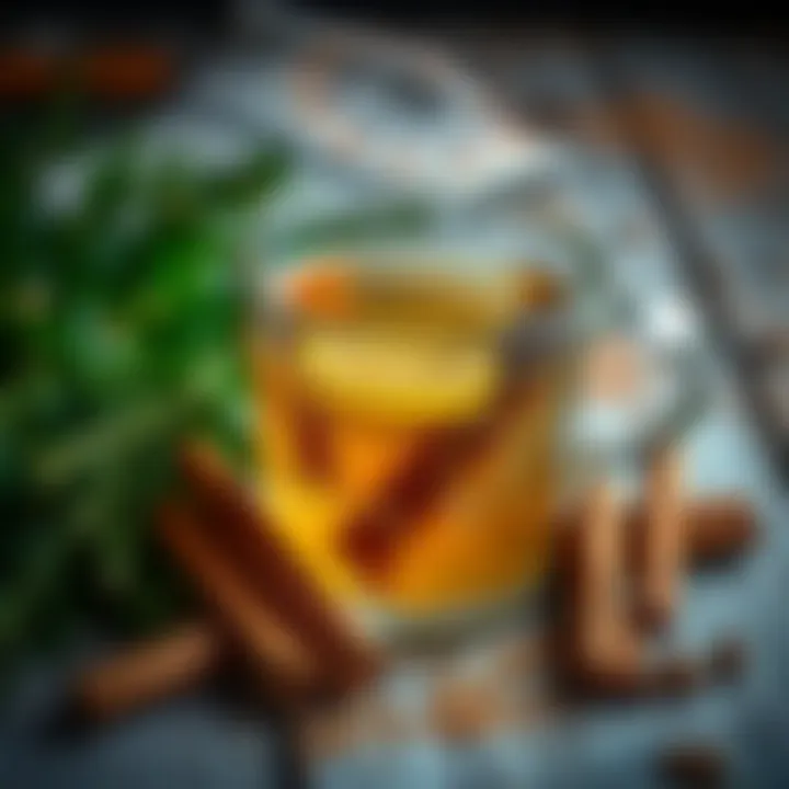 Cinnamon Water Recipe A cup of cinnamon water surrounded by fresh cinnamon sticks and herbs
