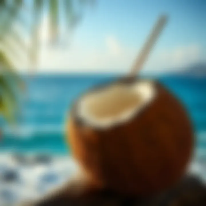 Close-up of a coconut with the ocean in the background