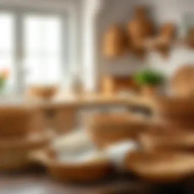 A collection of various wicker trays displayed in a rustic kitchen