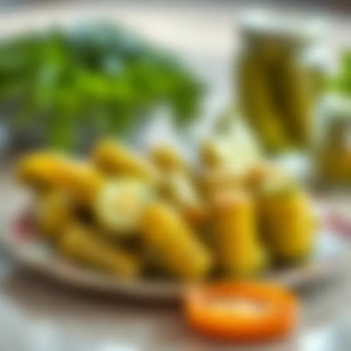 Delicious Presentation of Pickles An elegant serving of complex cucumber pickles on a decorative plate