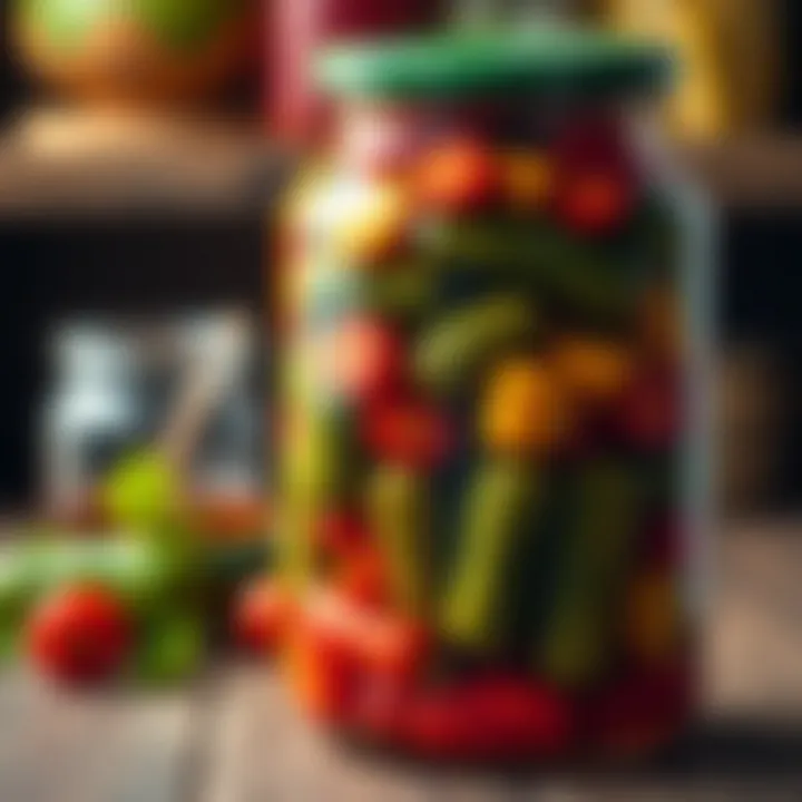 A Jar of Flavorful Fermentation A vibrant jar filled with colorful pickled cucumbers