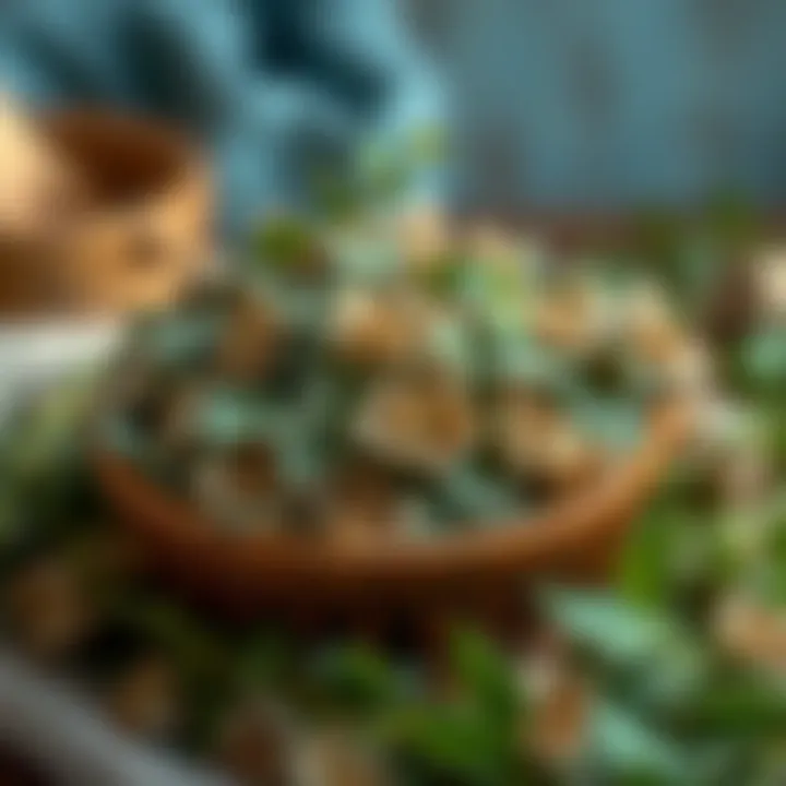 A collection of dried shepherd's purse leaves in a rustic bowl