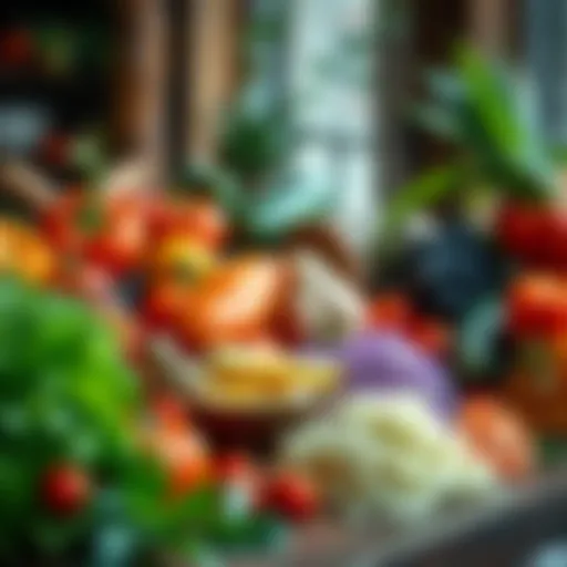 Vibrant Selection of Natural Ingredients A colorful array of fresh fruits and vegetables arranged artistically on a wooden table.