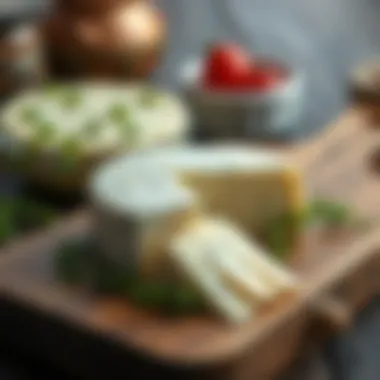 Ezine cheese on a wooden board with herbs