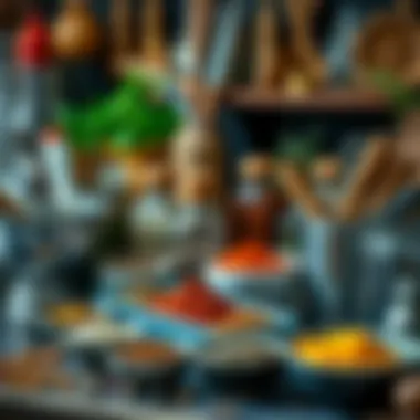 A chef's desk filled with spices and essential tools