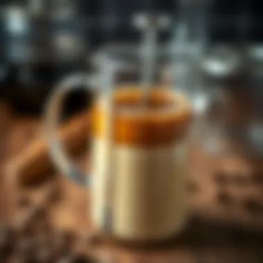 Close-up of freshly brewed coffee in a French press