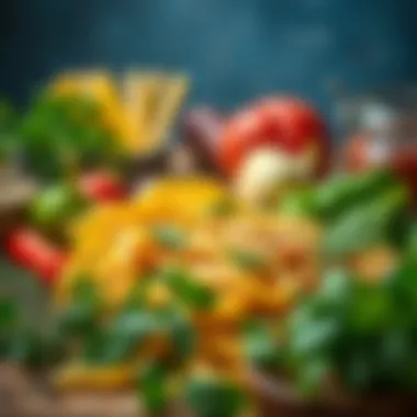 Fresh ingredients for pasta making, including herbs and vegetables