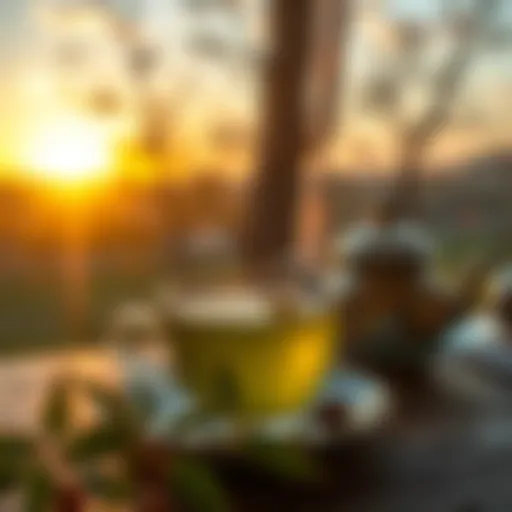 A serene morning scene with a cup of green tea and a sunrise