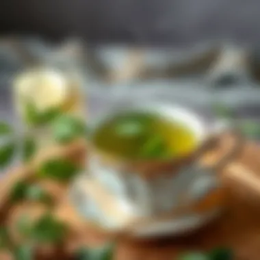 The Essence of Fresh Green Tea An elegant teacup filled with steaming green tea and fresh leaves