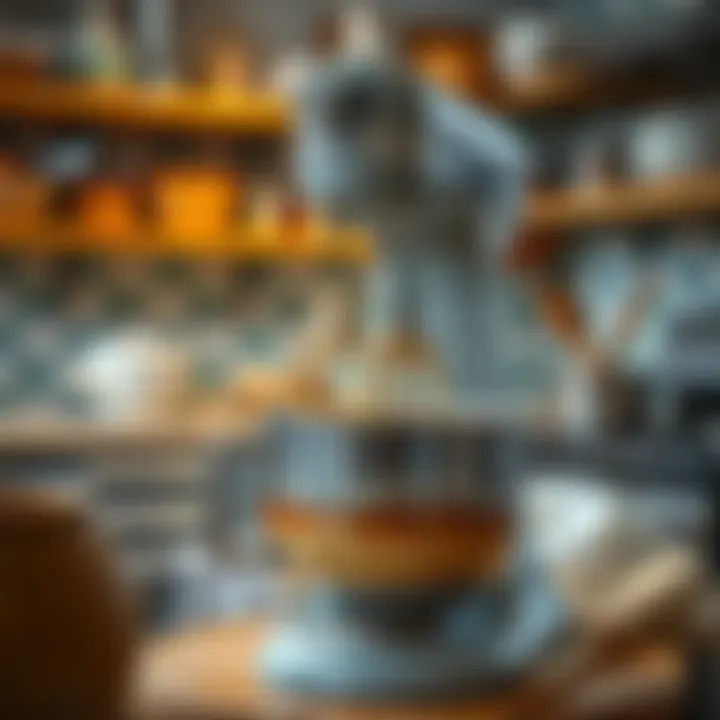 Dough Mixer in a Well-Organized Kitchen A well-organized kitchen with a dough mixer in use.