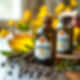 A bottle of castor oil with fresh castor seeds