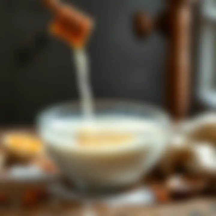 An artistic representation of honey and milk in a bowl