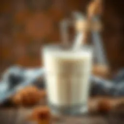 A close-up of a glass of honey milk with a rustic background