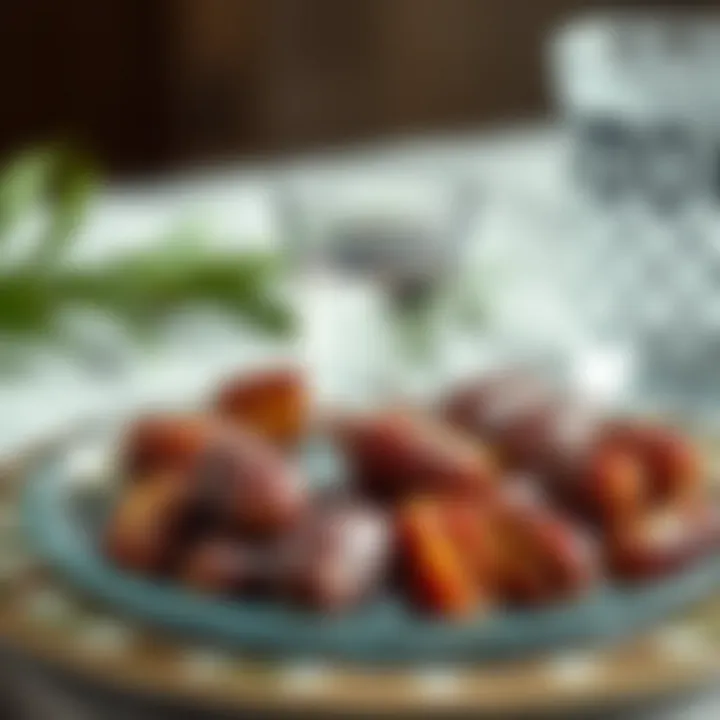 Dates and water on a decorative plate for breaking fast