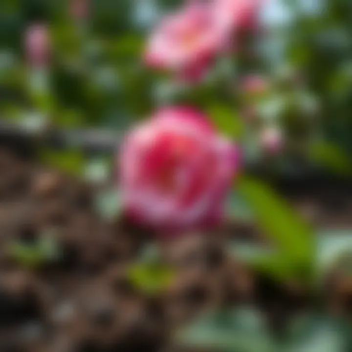 Close-up of healthy soil and fertilization process for Japanese rose