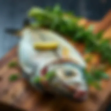 Fresh Kalkan Fish with Herbs Fresh Kalkan fish on a wooden cutting board with herbs