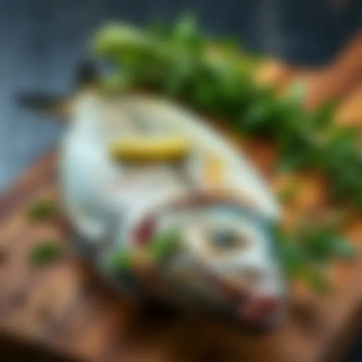 Fresh Kalkan Fish with Herbs Fresh Kalkan fish on a wooden cutting board with herbs