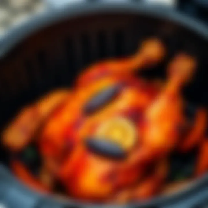 Perfectly Cooked Air-Fried Chicken A beautifully cooked whole chicken in the basket of an air fryer