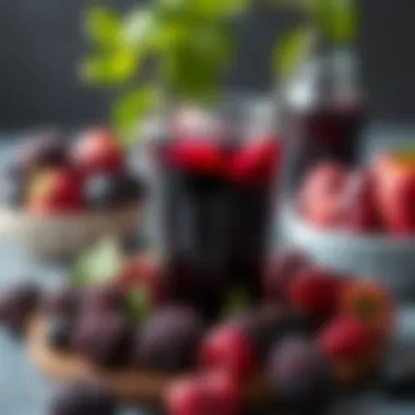 Black Mulberry Juice A glass of black mulberry juice surrounded by fresh fruits