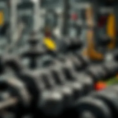 Variety of weights and exercise equipment organized for training