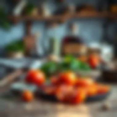 A rustic kitchen setting with fresh kaşık mantarı and ingredients laid out