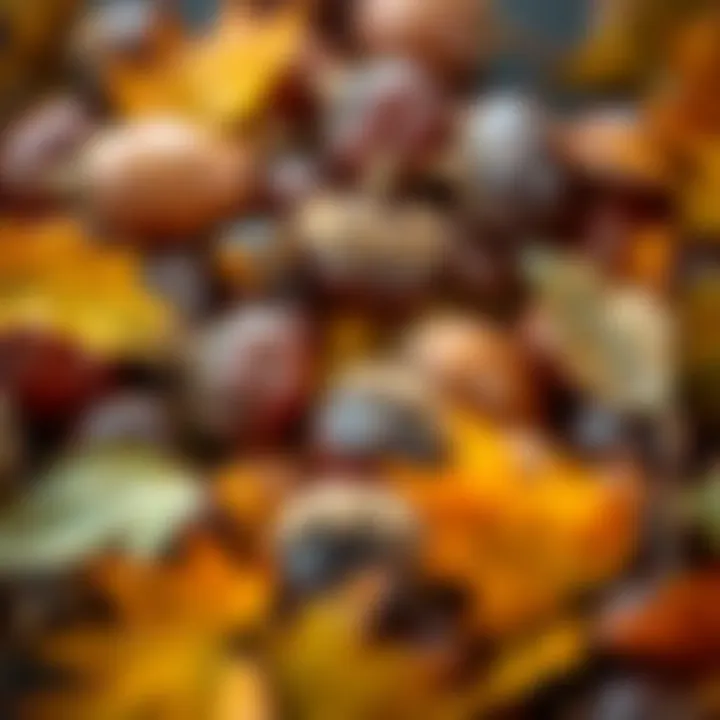Chestnuts surrounded by autumn leaves, symbolizing seasonal flavors.